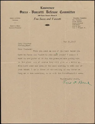 Fred E. Beal (Lawrence Sacco-Vanzetti Defense Committee) typed note signed to Sacco-Vanzetti Defense Committee, Lawrence, Mass., May 19, 1927