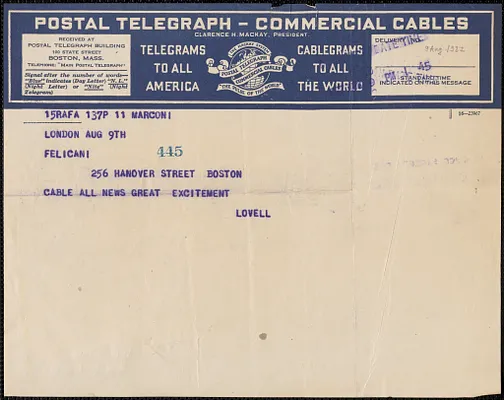 Lovell telegram to Aldino Felicani, London, Eng., August 9, 1927