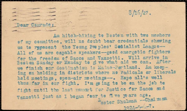 Lester Shulman (Socialist Youth Campaign Committee) typed note (postcard) to Sacco-Vanzetti Defense Committee, Brooklyn, N.Y., August 16, 1927