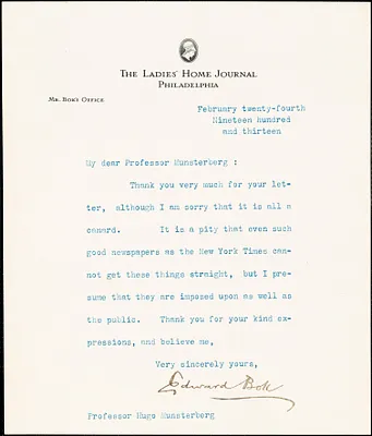 Bok, Edward William, 1863-1930 typed letter signed to Hugo Münsterberg, Philadelphia, 24 February 1913