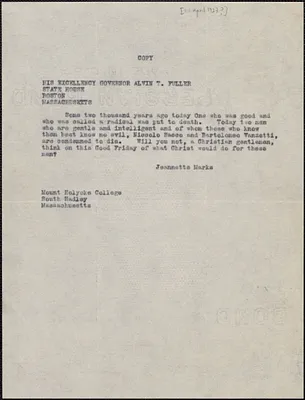 Jeannette Marks typed note (copy) to Alvan T. Fuller, South Hadley, Mass., [April 1927?]
