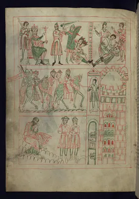 Execution of King Sedekiah of Judah's sons; Blinding of Sedekiah; Return to Babylon with the blinded king; Jeremiah lamenting before a walled city
