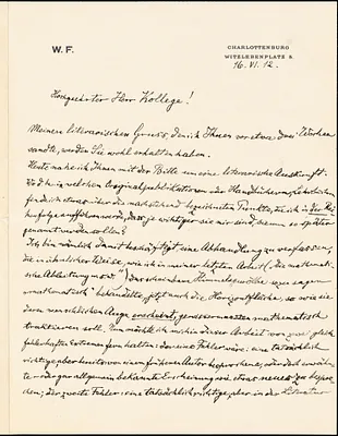 Filehne, Wilhelm, 1844- autograph letter signed to Hugo Münsterberg, Charlottenburg, Ger., 16 June 1912