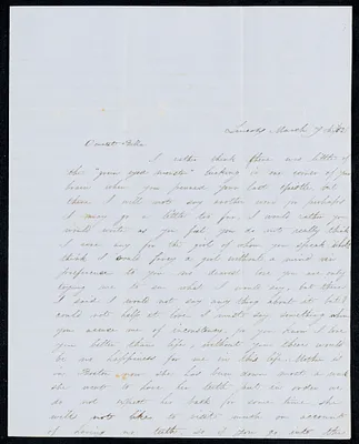 Letter to 'Bela' [Isabel M. Carret, Dedham, Mass.] from 'Willie' [William L. G. Peirce, Lincoln, Mass.], March-December 1852
