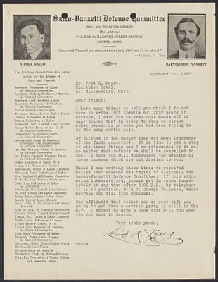 Sacco-Vanzetti Case Records, 1920-1928. Correspondence. Sacco-Vanzetti Defense Committee Correspondence to Fred H. Moore, 1922. Box 41, Folder 26, Harvard Law School Library, Historical & Special Collections