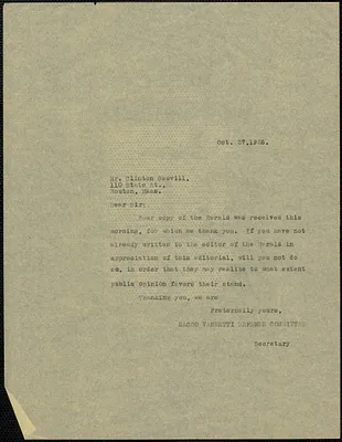 Sacco-Vanzetti Defense Committee typed note (copy) Clinton Scovill, Boston, Mass., October 27, 1926