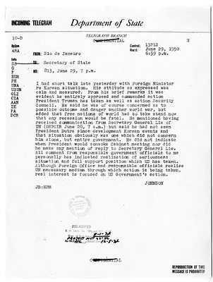 Telegram from Ambassador Herschel Johnson to Secretary of State Dean Acheson