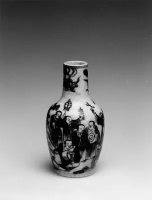 Snuff Bottle with Buddhist Saints, One Carried Aloft by a Phoenix