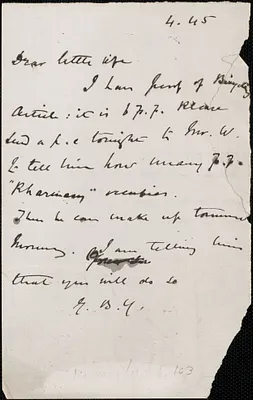 [John Biddulph Martin] autograph note signed (initials) to [Victoria Woodhull Martin], approximately 1883-1897