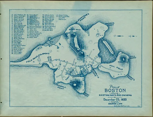 Plan of Boston showing existing ways and owners on December 25, 1633