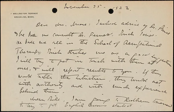 Elizabeth G[lendower] Evans autograph letter signed to [Fred H.] Moore, Brookline, Mass., November 25, 1923