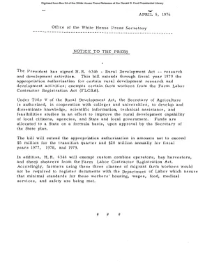 President Signs H.R. 6346, Rural Development Act [Signing Statements and Announcements]