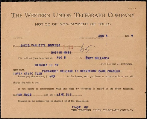 Western Union Telegraph Company telegram to Sacco-Vanzetti Defense Committee, [Boston, Mass.?], August 8, 1927