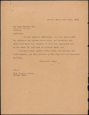 [A. Carpenter?] typed note (copy) to Remy Electric Co., Boston, Mass., April 21, 1923