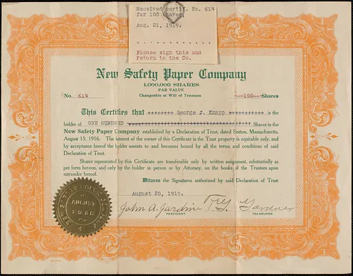 Share certificate from New Safety Paper Company for George J. Knapp