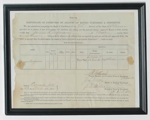 Certificate of Exemption on Account of Having Furnished a Substitute, Issued to James Dingman of Macon County, Illinois, by the Board of Enrollment for the 7th District of Illinois