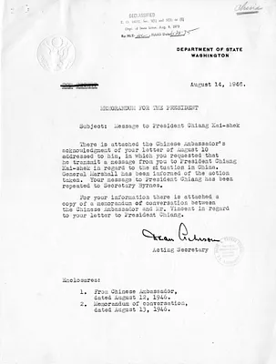 Memorandum from Acting Secretary of State Dean Acheson to President Harry S. Truman, with Attachments