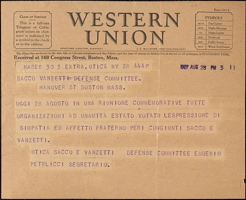 Eugenio Petrlicci (Utica Sacco and Vanzetti Defense Committee) telegram, in Italian, to Sacco-Vanzetti Defense Committee, Utica, N. Y., August 28, 1927