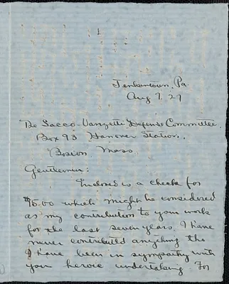 Ellen Cope autograph letter signed to Sacco-Vanzetti Defense Committee, Jenkintown, Pa., August 7, 1927