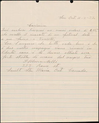 D. [Monardelli?] autograph letter signed, in Italian, to [Sacco-Vanzetti Defense Committee], Sault Ste. Marie, Ontario, October 2, 1923