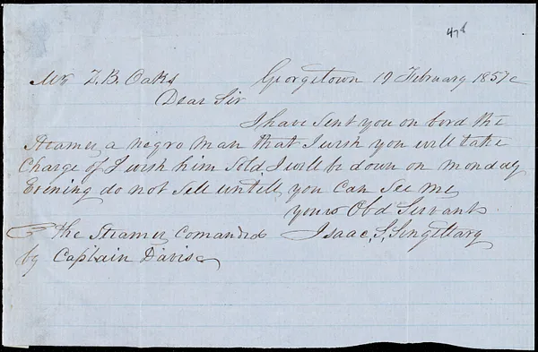 Isaac S. Singletary, Georgetown, autograph note signed to Ziba B. Oakes, 19 February 1857