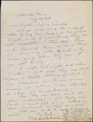 Louie Maude Merriam autograph letter signed to Sacco-Vanzetti Defense Committee, Stillwater, Me., August 23, 1927