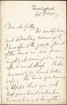 Emily Tennyson autograph letter signed to Mr. Gatty, Farringford, [Isle of Wight], 3 October 1859
