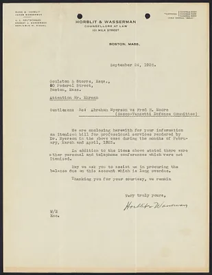 Herbert Brutus Ehrmann Papers, 1906-1970. Sacco-Vanzetti. Correspondence of HBE, junior counsel for the defense, Sept. 24 - Nov. 30, 1926. Box 15, Folder 15, Harvard Law School Library, Historical & Special Collections