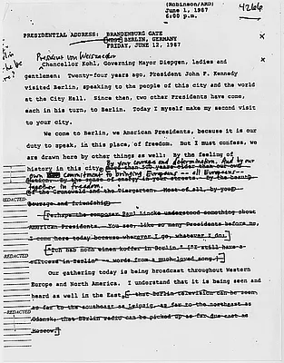 Presidential Address: Brandenburg Gate, (West) Berlin, German, Friday, June 12, 1987 (6/3/1987 NSC draft)