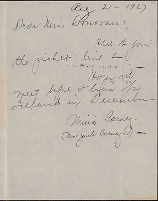 Mina Carney autograph note signed to [Mary] Donovan, [Boston, Mass.], August 21, 1927