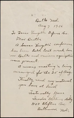 Isadore Wilkins autograph note signed to Sacco-Vanzetti Defense Committee, Baltimore, Md., August 7, 1926