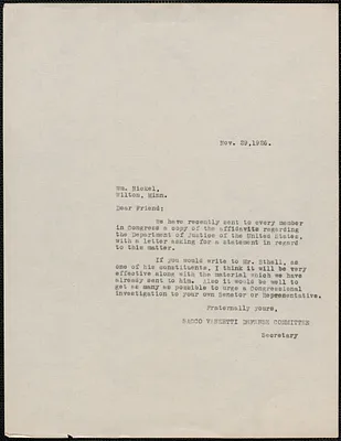 Sacco-Vanzetti Defense Committee typed letter (copy) to William Nickel, Boston, Mass., November 29, 1926