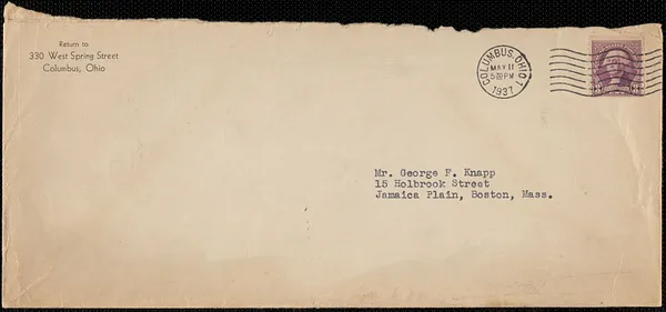 Envelope addressed to Mr. George F. Knapp, 15 Holbrook Street, Jamaica Plain, Boston, Mass.