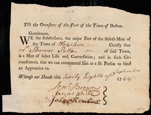 Elizabeth Lemoine indentured to apprentice with Thomas Patten of Watertown, 1 October 1768
