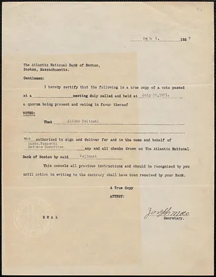 Joseph Moro (Sacco-Vanzetti Defense Committee) printed form (copy) to The Atlantic National Bank of Boston, Boston, Mass., September 9, 1927