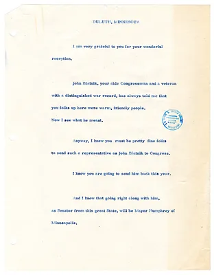 Reading Copy, Speech of President Harry S. Truman, Duluth, Minnesota