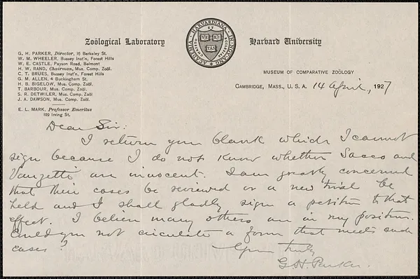 G. H. Parker autograph note signed to Sacco-Vanzetti Defense Committee, Cambridge, Mass., April 14, 1927