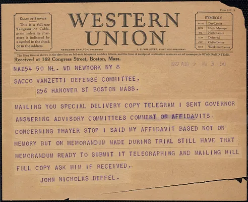 John Nicholas Beffel telegram to Sacco-Vanzetti Defense Committee, New York, N.Y., August 9, 1927