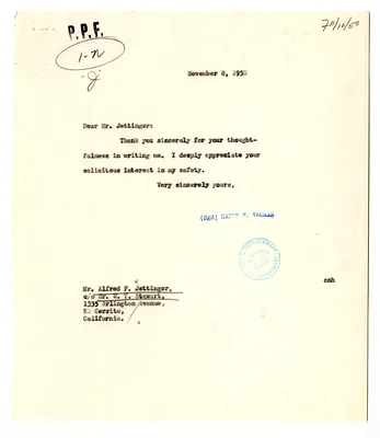 Correspondence Between Alfred Jettinger and President Harry S. Truman