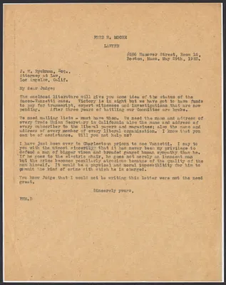 Sacco-Vanzetti Case Records, 1920-1928. Correspondence. Sacco-Vanzetti Defense Committee Correspondence to J.H. Ryckman, May 29, 1923. Box 41, Folder 32, Harvard Law School Library, Historical & Special Collections