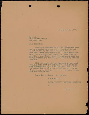 Sacco-Vanzetti Defense Committee typed letter to Novy Mir, Boston, Mass., December 15, 1923