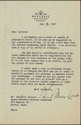 Robert Morss Lovett (The New Republic) typed letter to Gardner Jackson, New York, N. Y., July 27, 1927