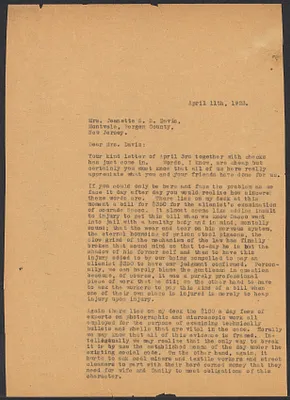 Sacco-Vanzetti Case Records, 1920-1928. Correspondence. Sacco-Vanzetti Defense Committee Correspondence to Jeanette S.S. Davis, April11, 1923. Box 41, Folder 8, Harvard Law School Library, Historical & Special Collections
