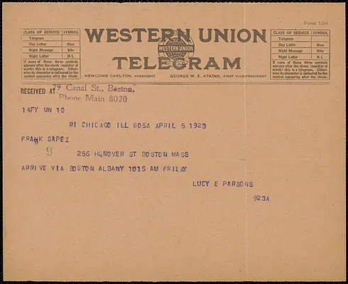 Lucy E. Parsons telegram to Frank R. Lopez, Chicago. Ill., April 5, 1923