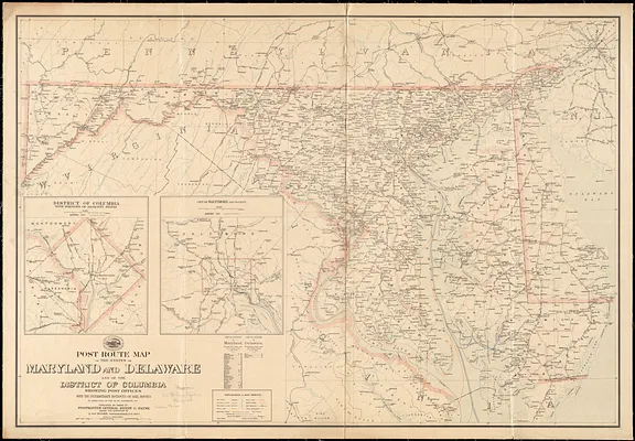 Post route map of the states of Maryland and Delaware and of the District of Columbia showing post offices with the intermediate distances on mail routes in operation on the 1st of December, 1903