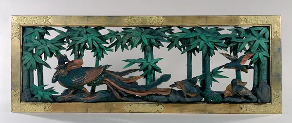 Transom from a Temple Depicting a Phoenix and Chicks in a Bamboo Grove