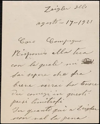 Sam Bruno autograph letter signed, in Italian, to Caro Compagno, Zeigler, Ill, August 17, 1921