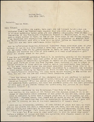 Maude Pettyjohn typed letter signed to Bartolomeo Vanzetti, Dayton, Wash., 28 June 1927