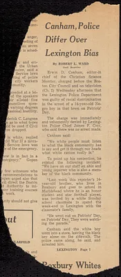 Newspaper clippings “Canham, Police Differ Over Lexington Bias” by Robert L. Ward, The Boston Globe