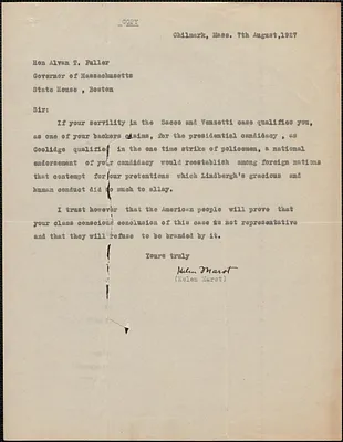 Helen Marot typed letter signed (copy) to Alvan T. Fuller, Chilmark, Mass., August 7, 1927